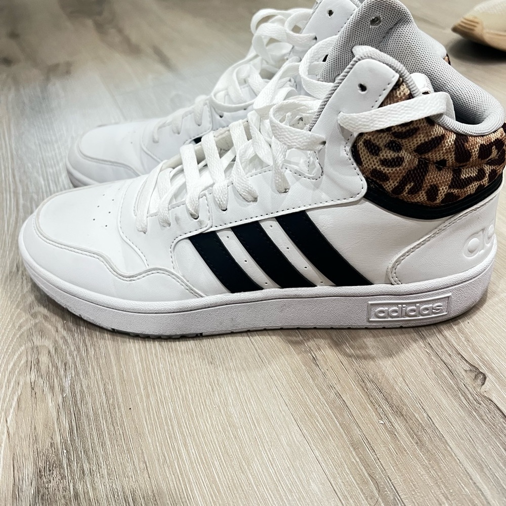 Adidas White and Black Mid-Top Sneakers with Animal Print